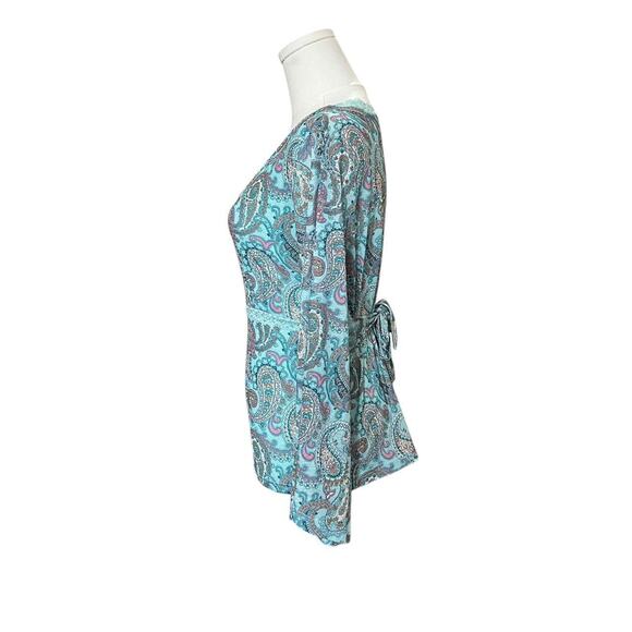 VTG Y2K Red Paint Tee Aqua Blue Paisley Pattern Lace Trim Bell Sleeve Fairy Top - Picture 6 of 8